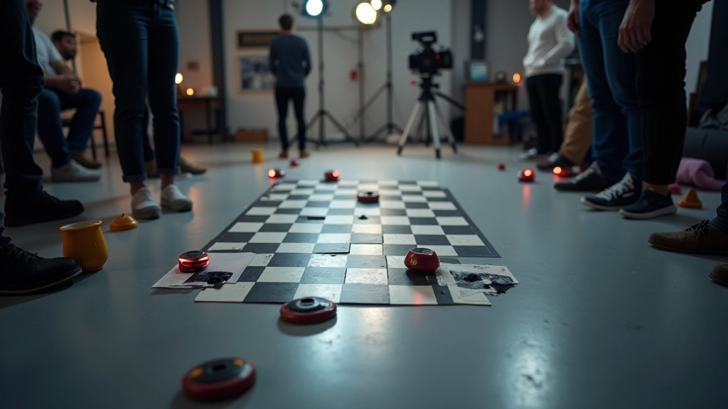 Camera tracking marker setup on film set with checkerboard pattern and reference objects for motion capture