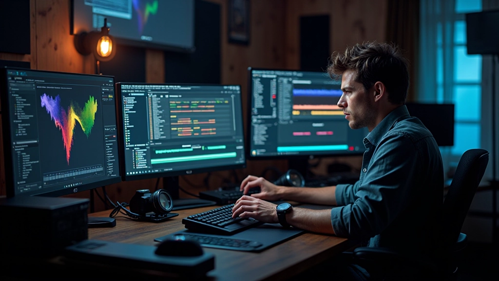 Color grading suite with color wheels and waveform monitors displaying cinema-grade color correction for motion graphics