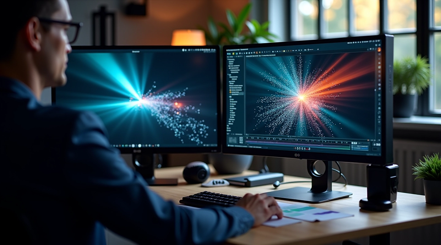 Professional motion graphics workstation with dual monitors displaying particle effects and timeline interface in modern studio