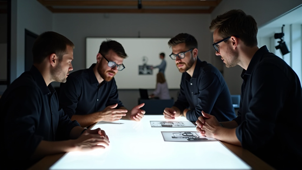 Collaborative team of visual effects professionals reviewing motion graphics project in studio