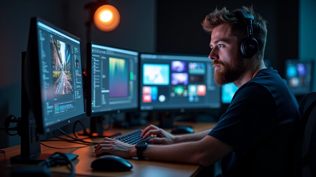 VFX artist working on compositing and particle system design at professional workstation