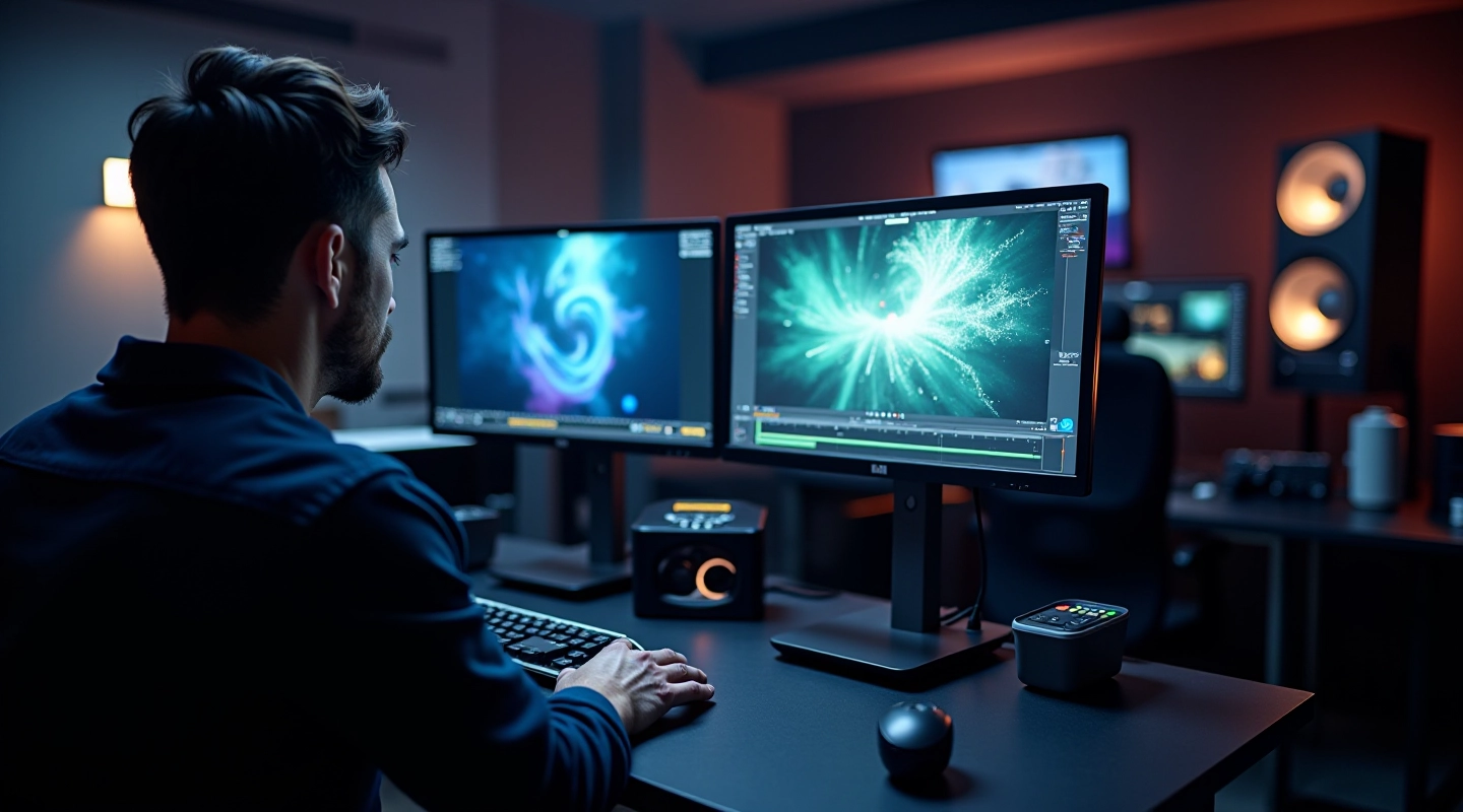 Professional visual effects studio with color-graded monitors and motion graphics workstation setup